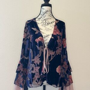 Never Fully Dressed Velvet Floral Tie-Front Top in Navy and Mauve